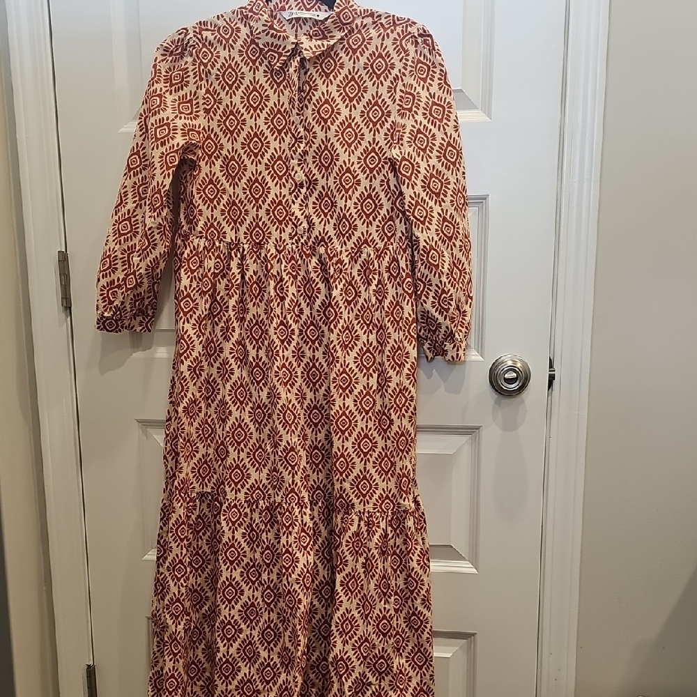 ZARA Geometric Patterned Red Dress (XS)